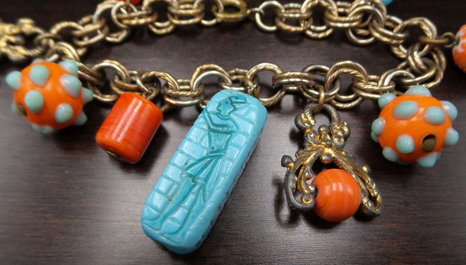Rare Vintage MURANO Glass Egyptian Revival Costume Jewelry Charm Bracelet (1 of 8)