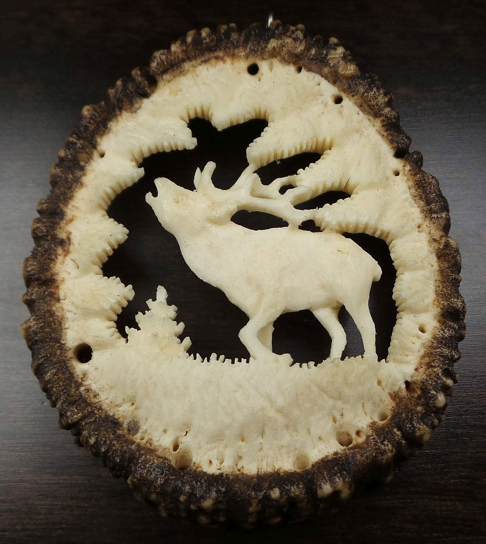 Unsusual European Alpine Hand Carved Deer Antler Base Pendant - Signed (1 of 4)