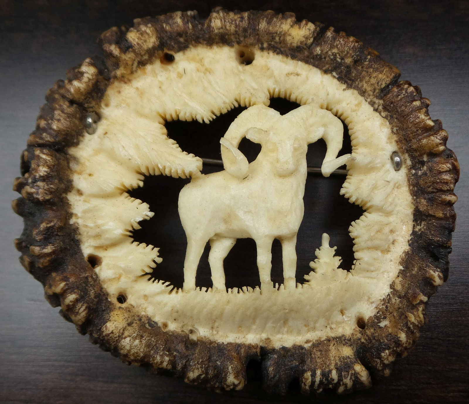 Unsusual European Alpine Hand Carved Deer Antler Base Brooch - Signed (1 of 6)