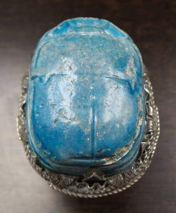 Very Unusual Vintage Sterling Silver & Ancient Scarab Bead Egyptian Revival Ring: Very large and impressive piece featuring an ancient blue faience scarab beetle with hieroglyphs on the back. The scarab measures approx. 1 1/8" long x 3/4" wide. The ring is a size 8.5 but can easily