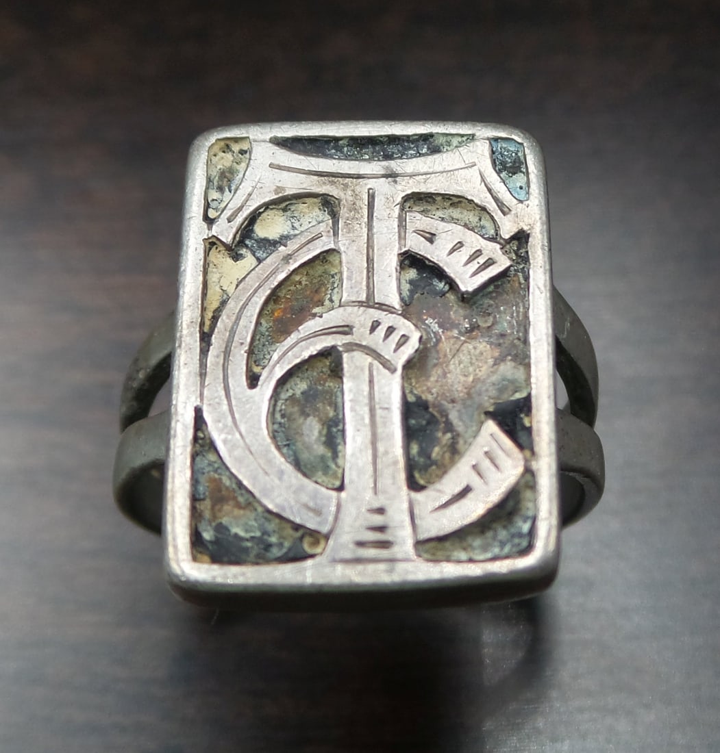 Antique ca. 1930 Art Deco European 835 Silver Seal / Signet Designer Ring "TC" (1 of 5)