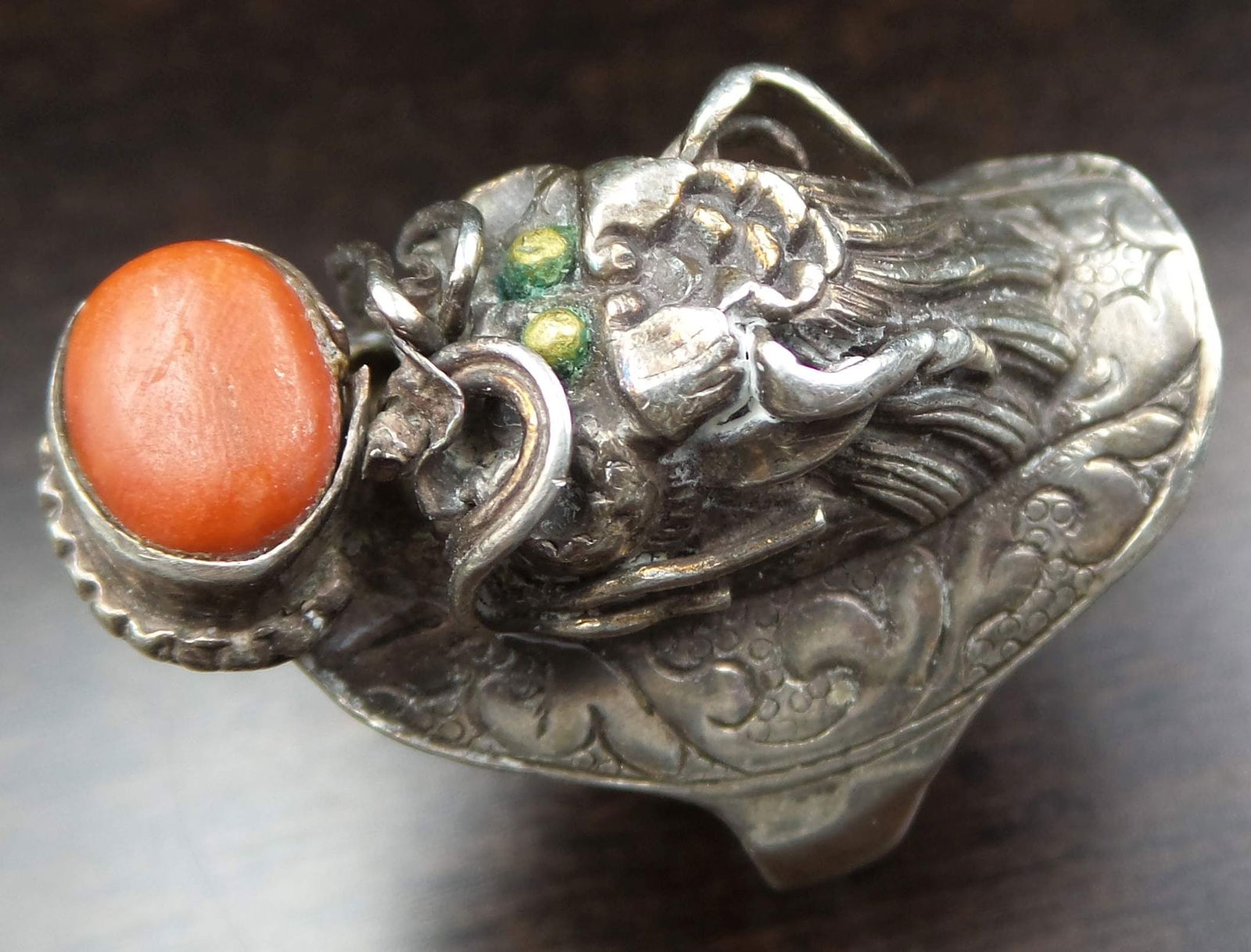Very Unusual Antique Chinese Sterling Silver & Red Coral Dragon Ring (1 of 6)