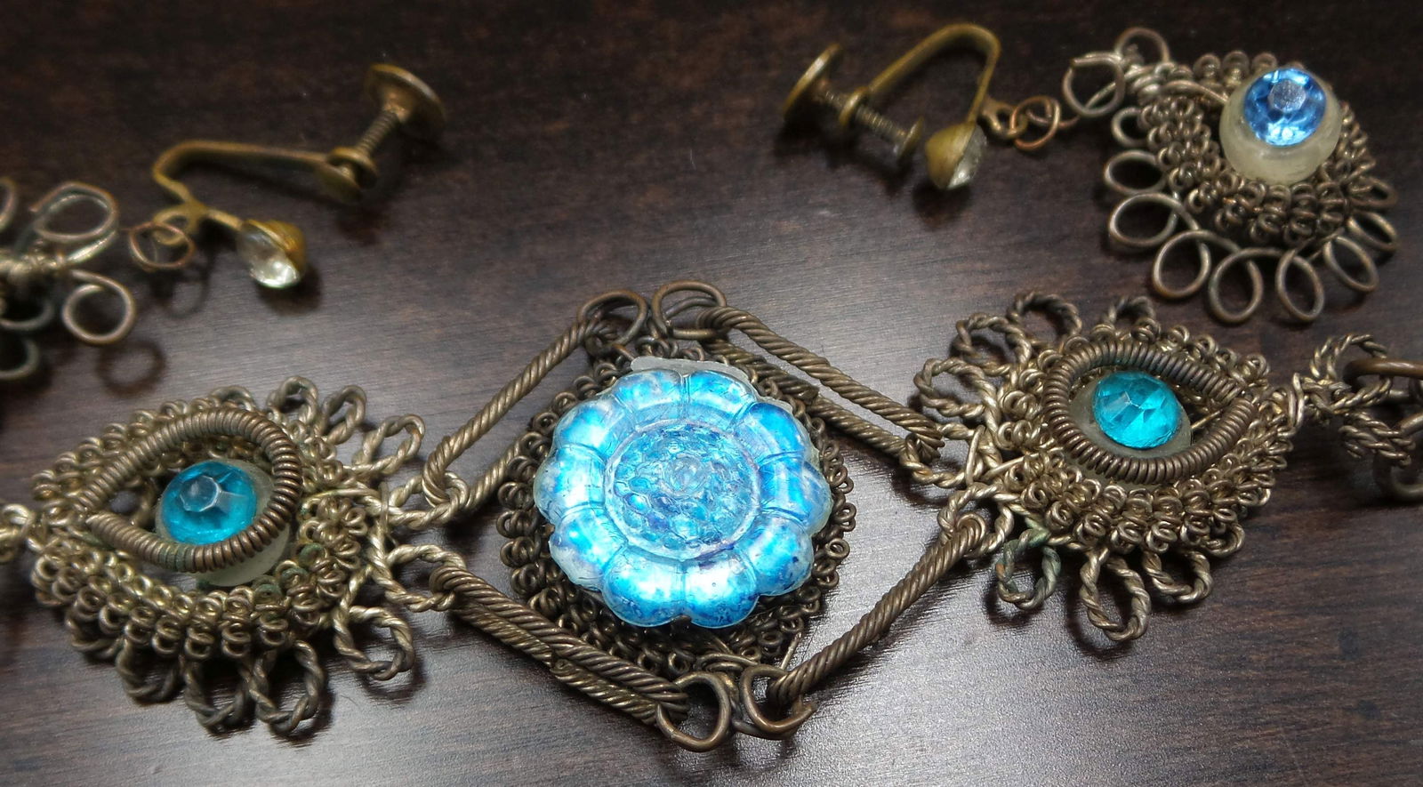 Vintage ca. 1940 Mexican 3-Piece Sterling Silver Wire & Glass Stone Jewelry Set (1 of 7)