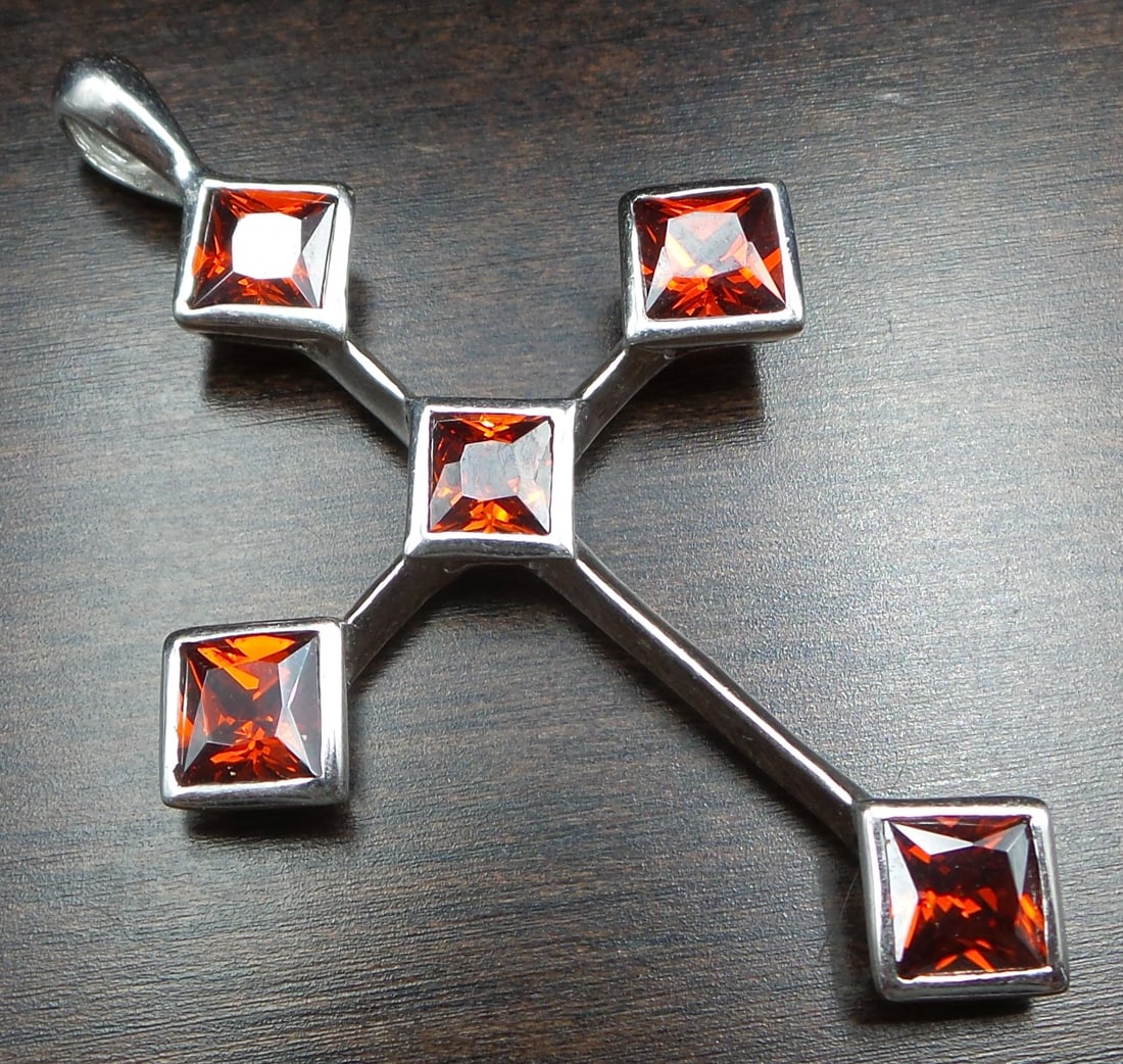 Unusual Vintage European Handmade Sterling Silver & Garnet Cross Pendant (1 of 8)