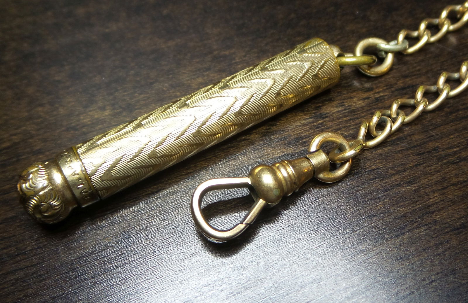 Antique ca. 1890 14K Gold Plated Retractable Telescopic Pencil Charm /w Chain (1 of 6)