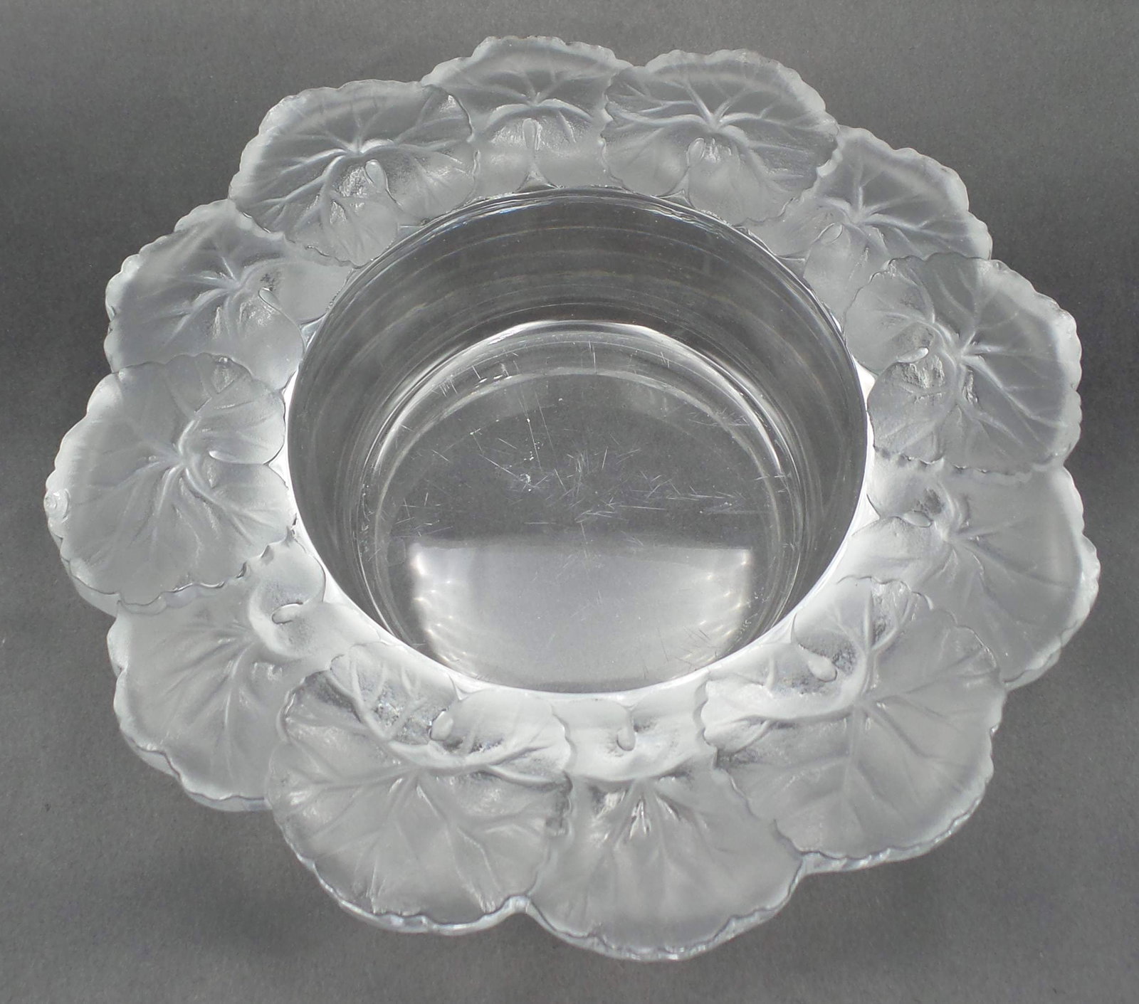 Vintage LALIQUE France "Honfleur" Frosted Crystal Leaf Bowl: Very good vintage condition; no cracks or repairs. One chip to one of the flower edges. Measures approx. 8" in diameter.