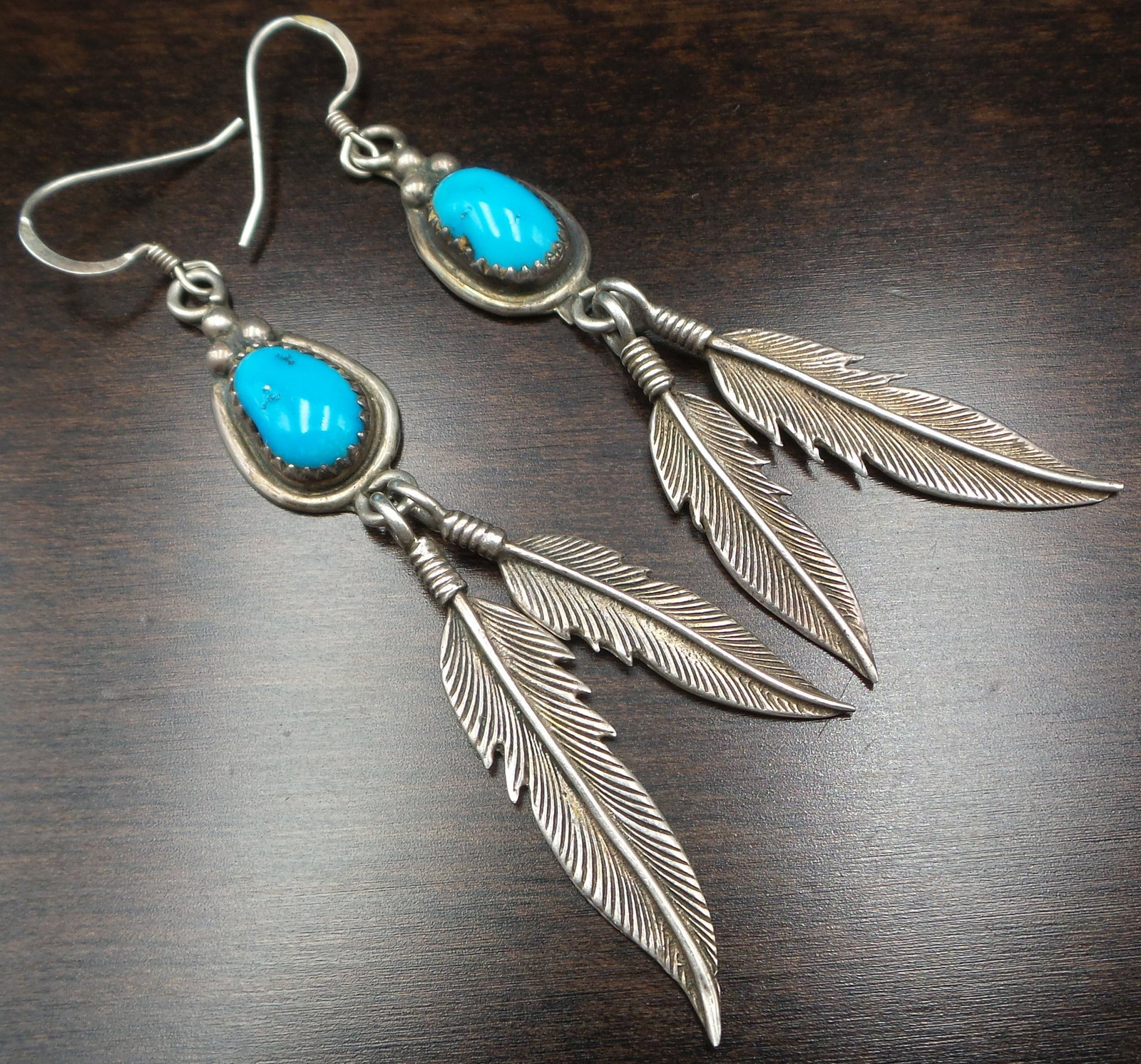 Vintage Native American Sterling Silver & Turquoise Feather Earrings - Signed (1 of 10)