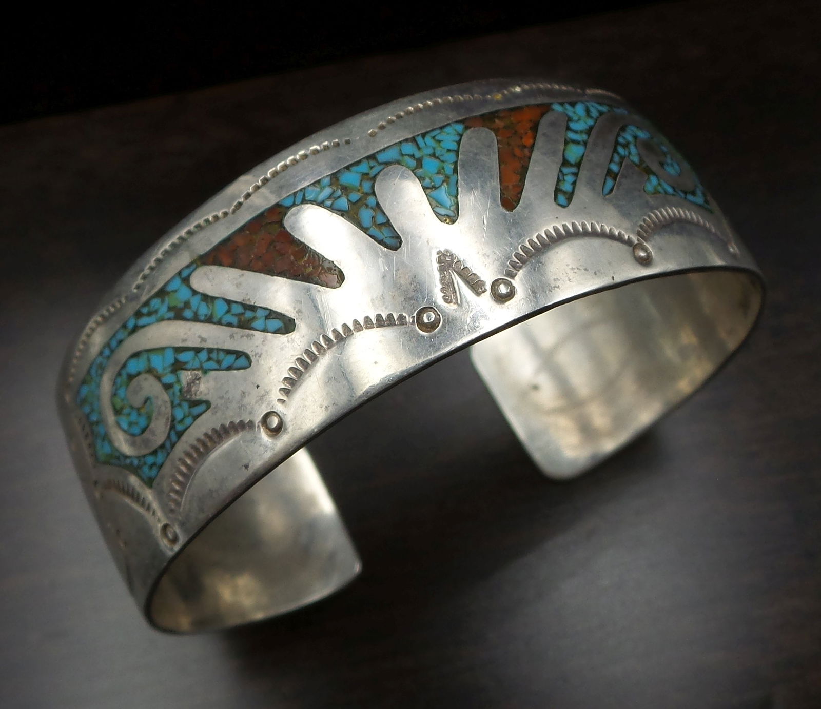 Vintage E. TSOSIE Navajo Native American Sterling Silver & Inlaid Gemstones Cuff Bracelet (1 of 9)