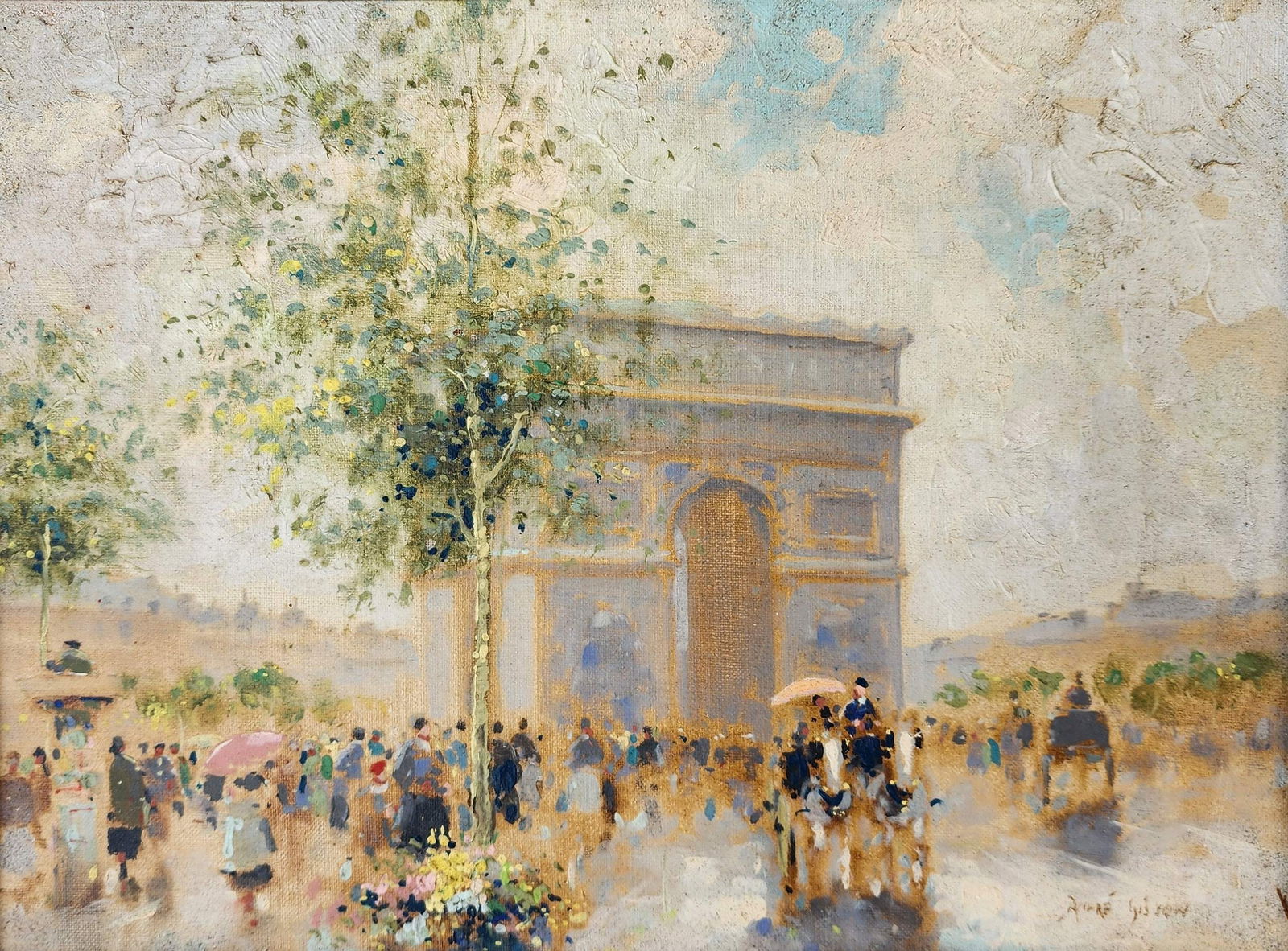Rare Vintage ca. 1940 ANDRE GISSON Oil Painting of a Paris Street Scene in front of the Arc de (1 of 4)