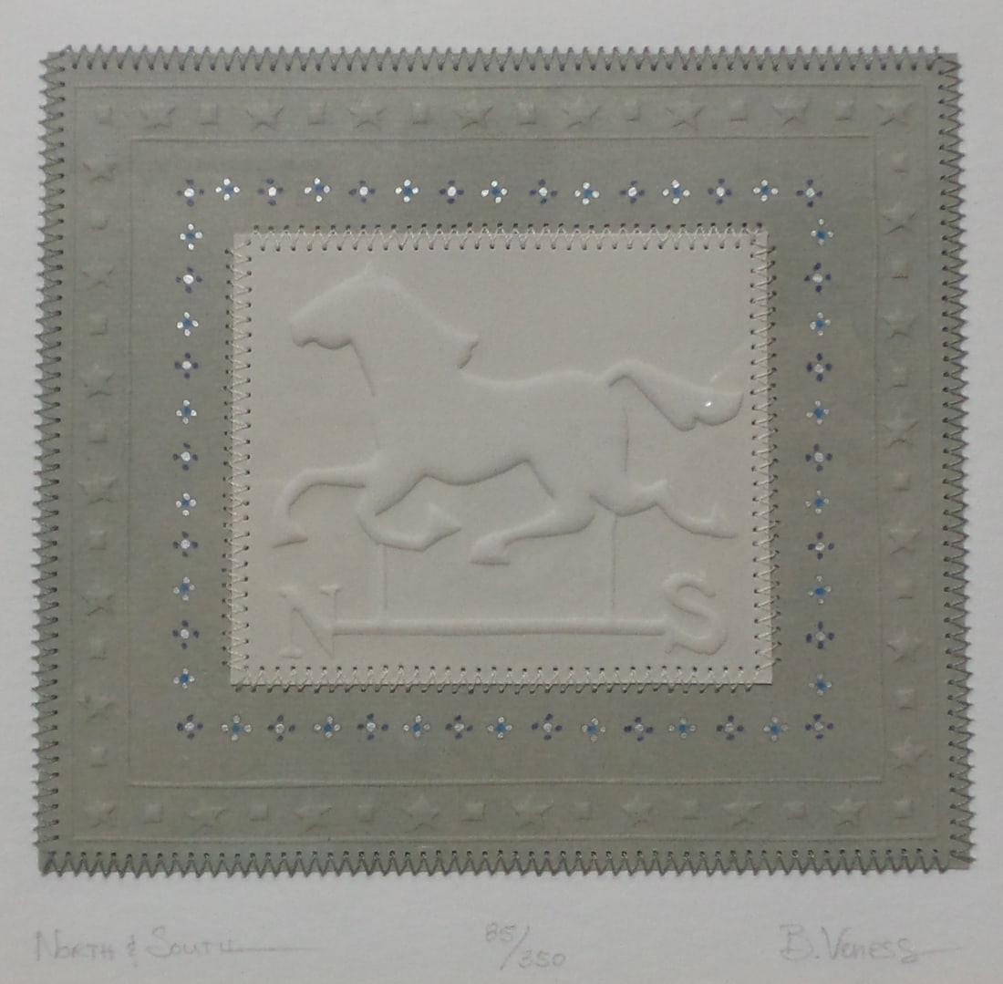 BETSY VENESS Vintage Ltd. Ed. Hand Painted & Stitched Embossing "North & Sounth" (1 of 5)