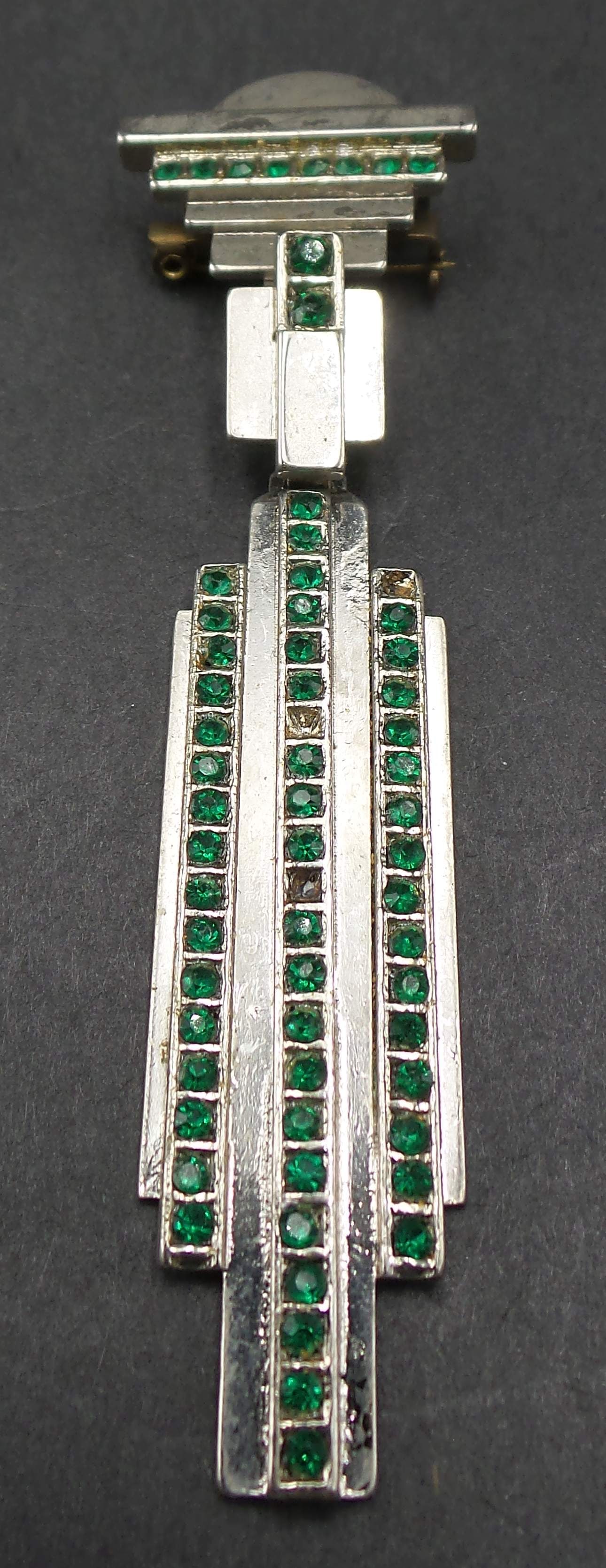 Very Rare Mid-Century GIANNI VERSACE Art Deco Style Green Rhinestone Costume Jewelry Brooch (1 of 6)
