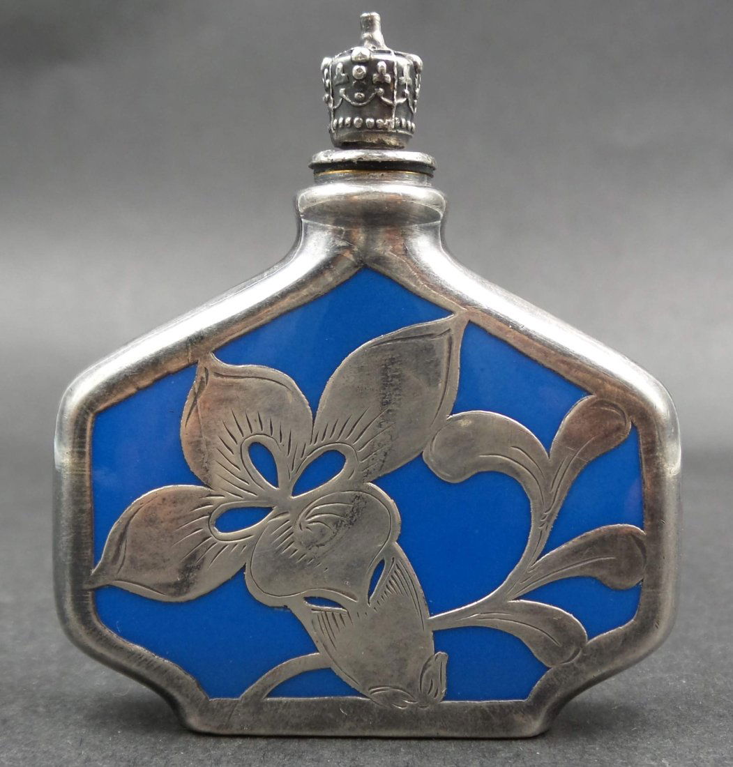 Antique Art Nouveau FRIEDRICH WILHELM SPAHR Germany Fine Silver over Blue Glazed Porcelain Perfume (1 of 7)