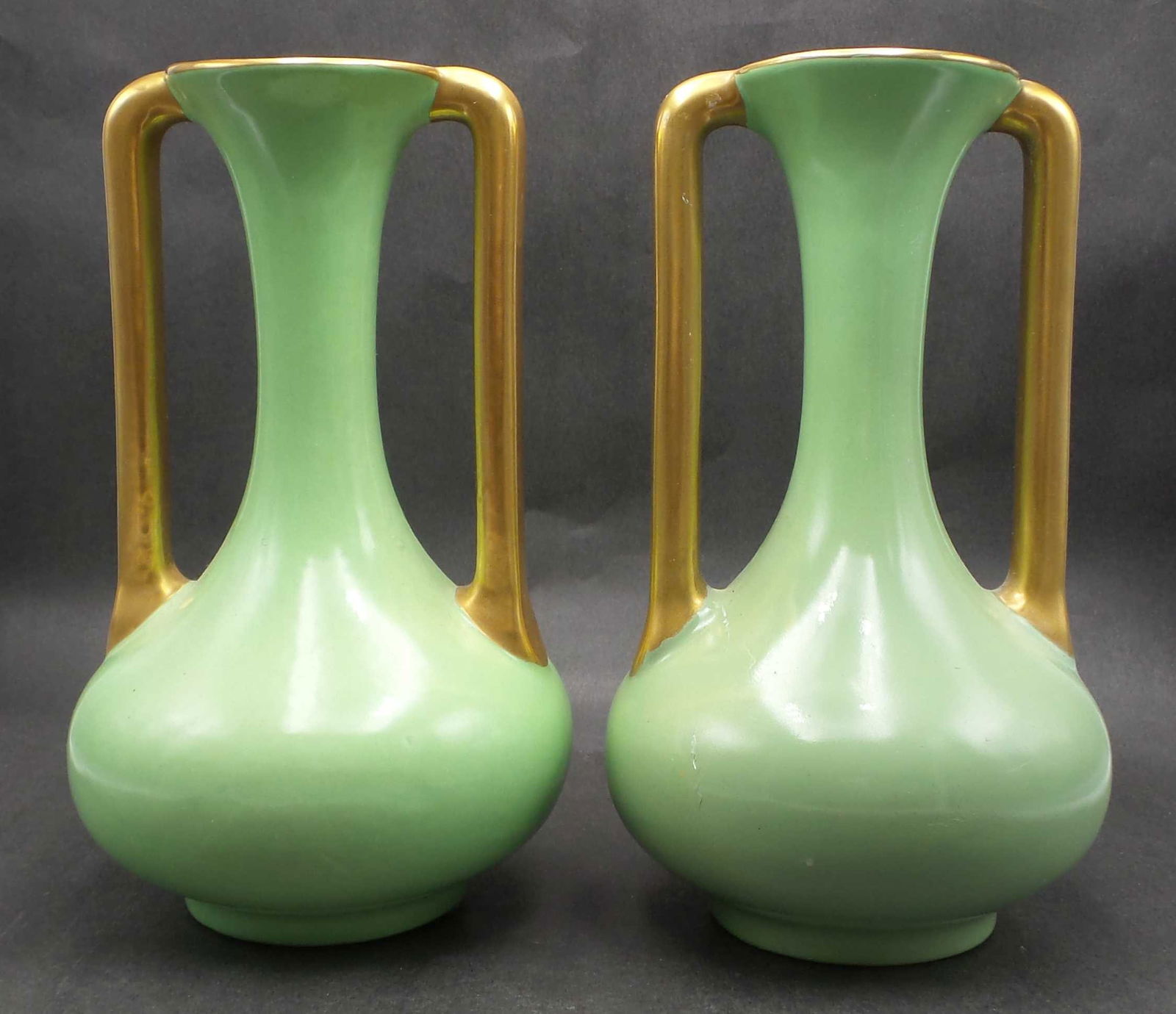Pair of Rare Vintage 1930s Art Deco TRENTON Green & Gold Ceramic Vases (1 of 11)
