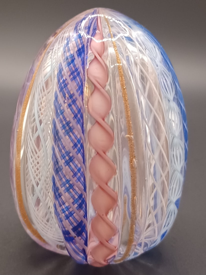Colorful Vintage MURANO Latticino Ribbon Art Glass Egg Shaped Paperweight (1 of 5)