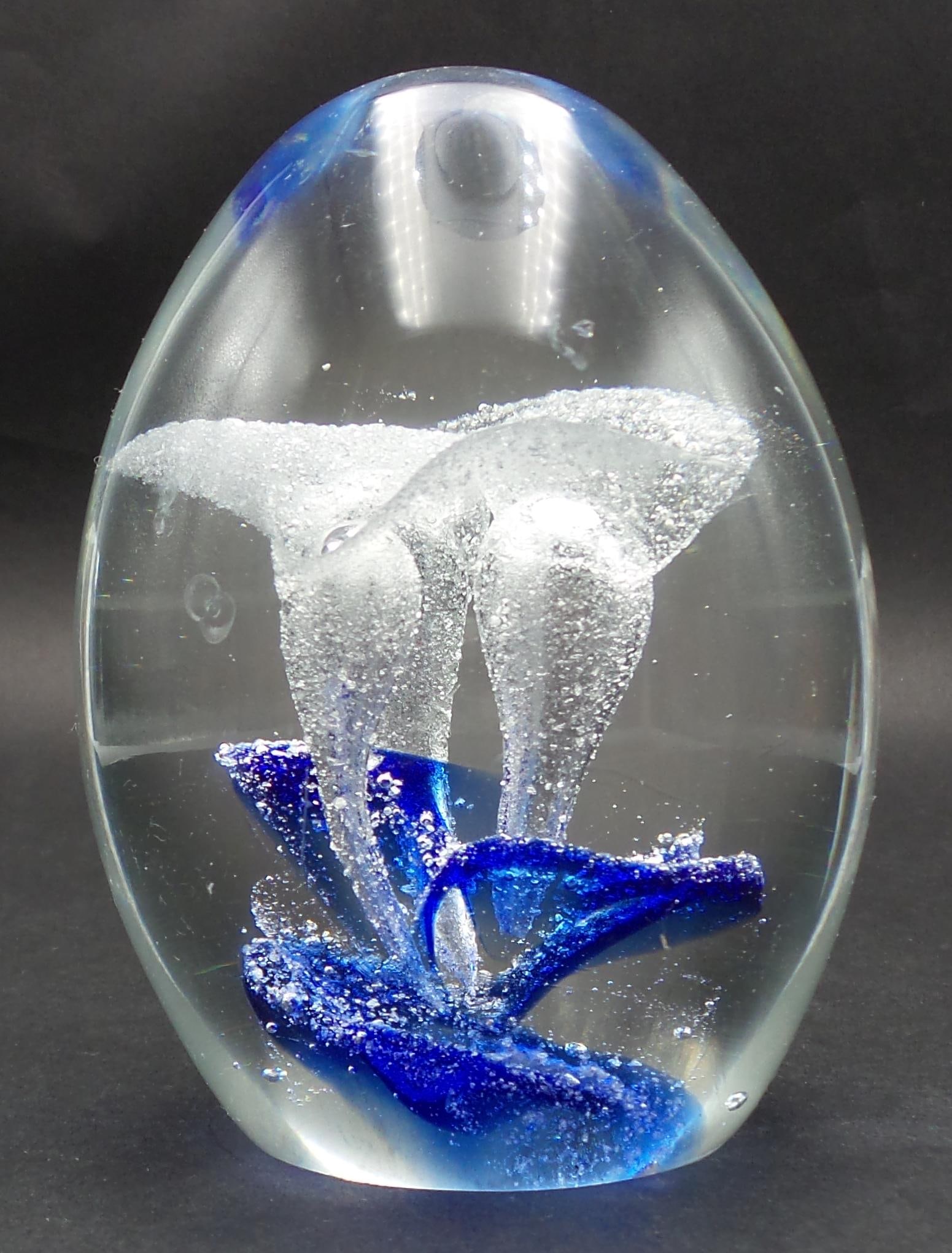 Vintage Art Glass Paperweight /w Flowers & Bubbles: Measures approx. 4 1/4" high x 3" in diameter. Good vintage condition with some scuffs but no chips, cracks, or repairs.