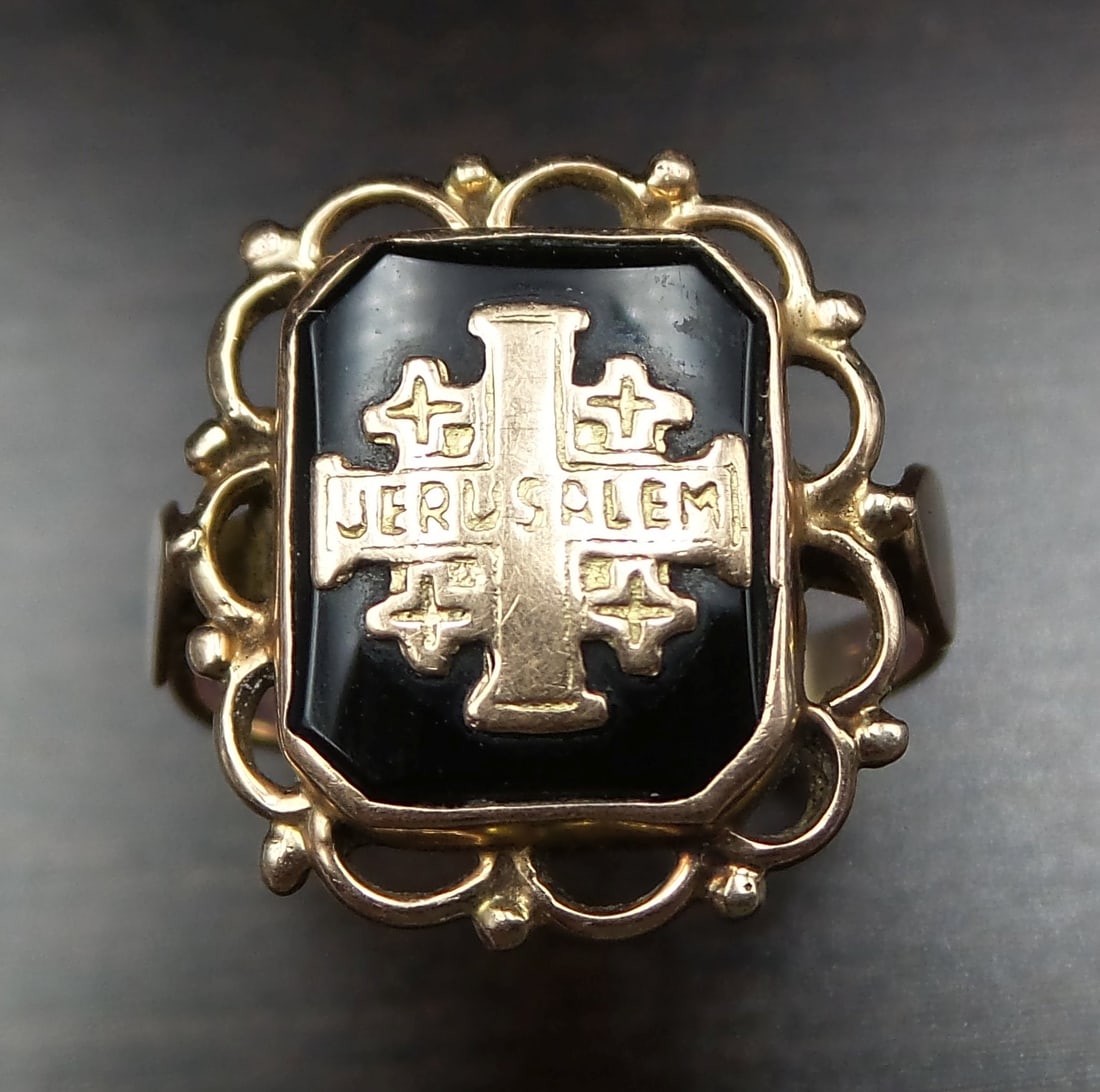 Rare ca. 1900 14K Gold & Black Onyx Jerusalem Holy Land Pilgrim Ring (1 of 5)