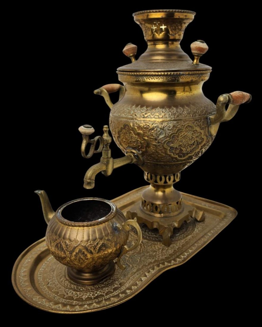Antique European or Russian Brass Samovar with Tray & and Tea Pot (1 of 12)