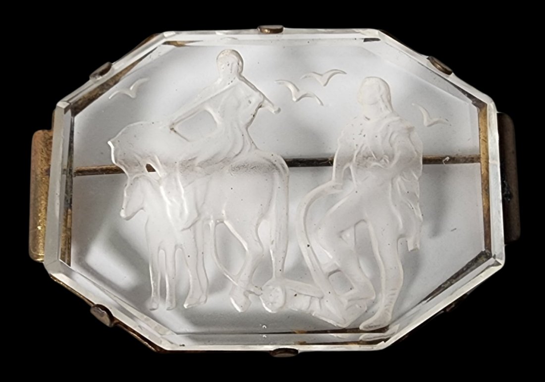 Vintage Hand Carved Glass Intaglio Costume Jewelry Brooch: Very unusual piece in very good vintage condition; no damage or repairs. Measures approx. 2 3/8" wide x 1 1/2" high.