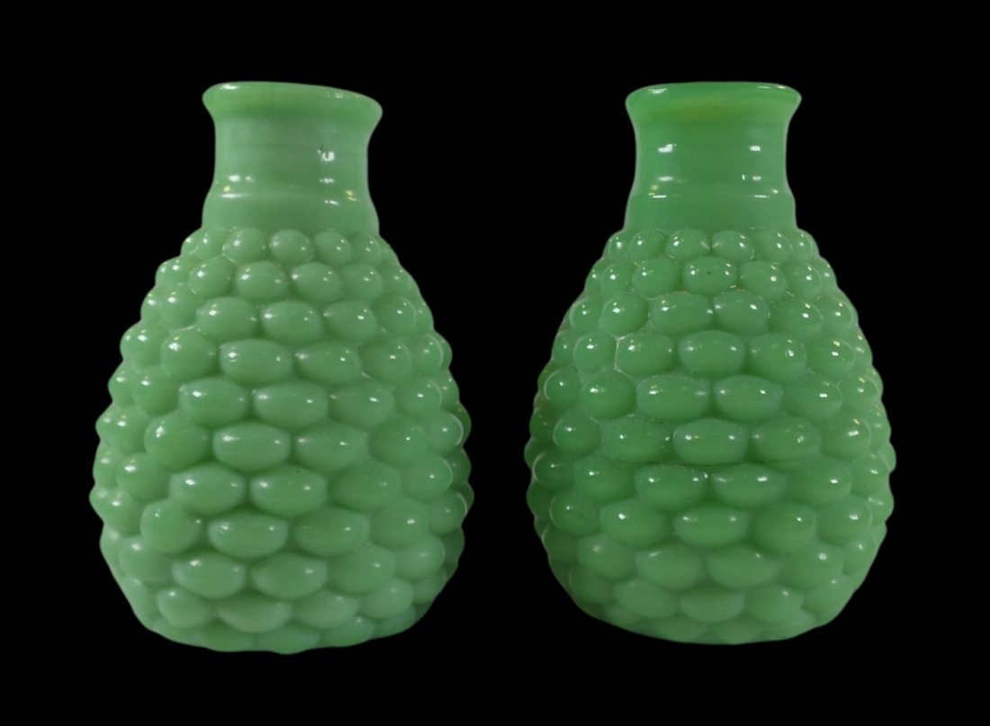 Pair of Vintage Mid-Century Green Molded Milk Glass Hobnail Design Vases (1 of 2)
