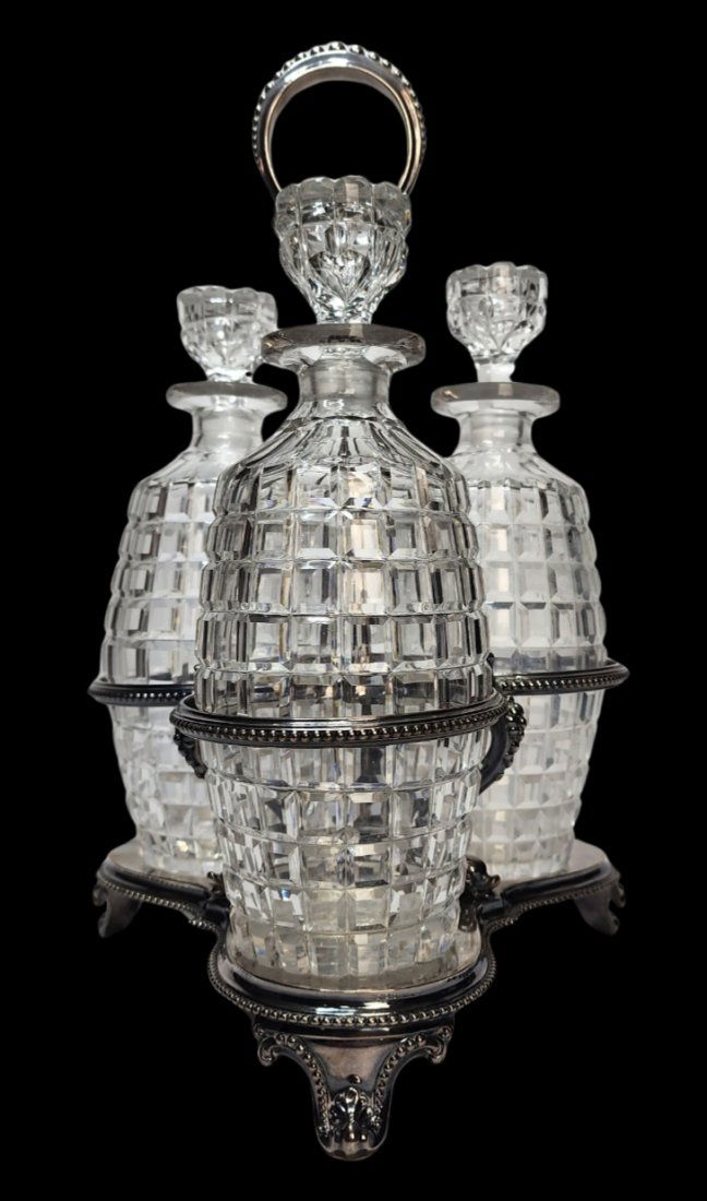 Victorian HENRY WILKINSON & Co. Dolphin Design Trefoil Tantalus /w 3 Hand Cut Crystal Decanters (1 of 12)