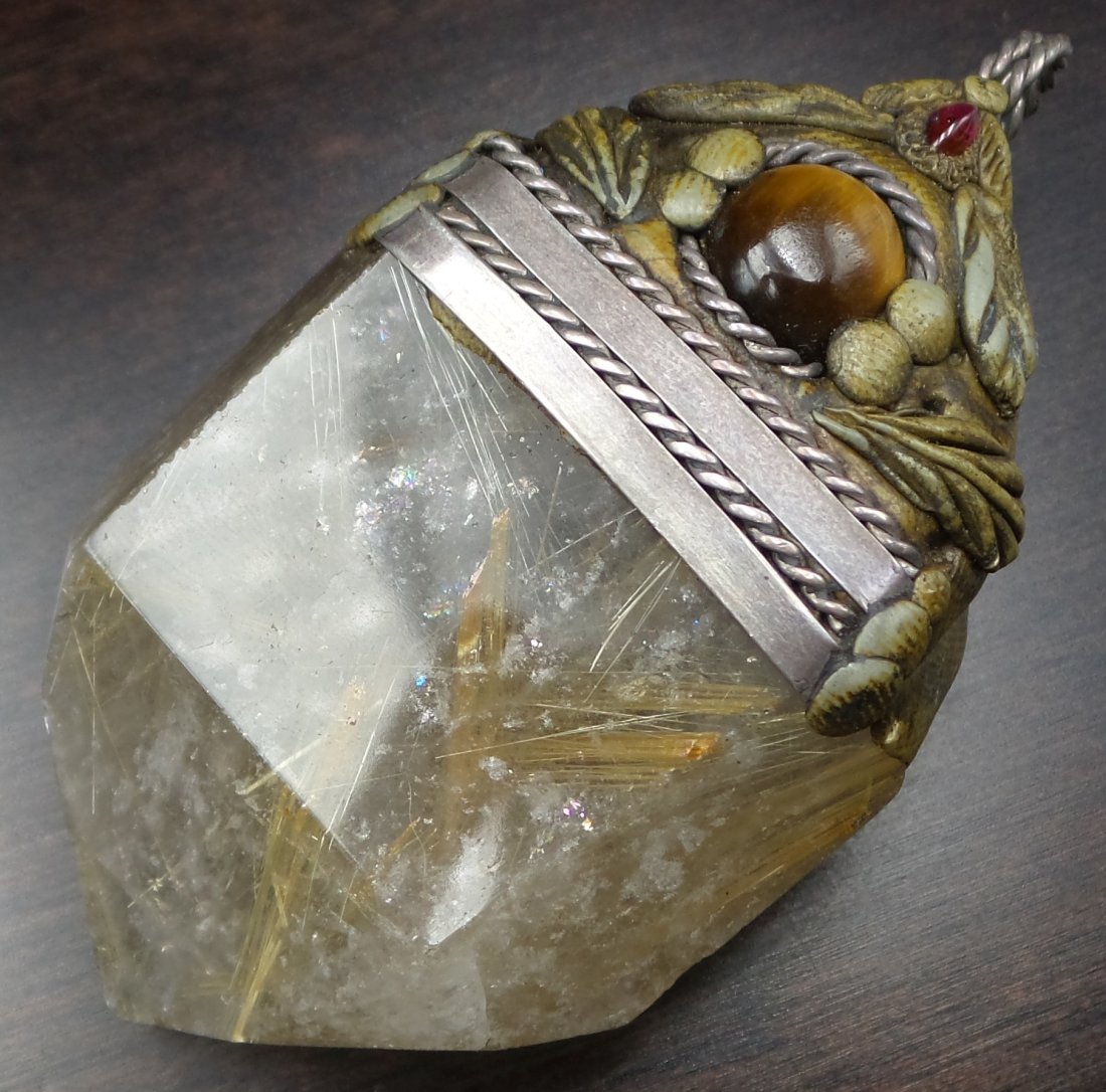 Unusual Large Vintage Sterling Silver, Rutile Quartz, Resin & Gemstone Charm (1 of 6)