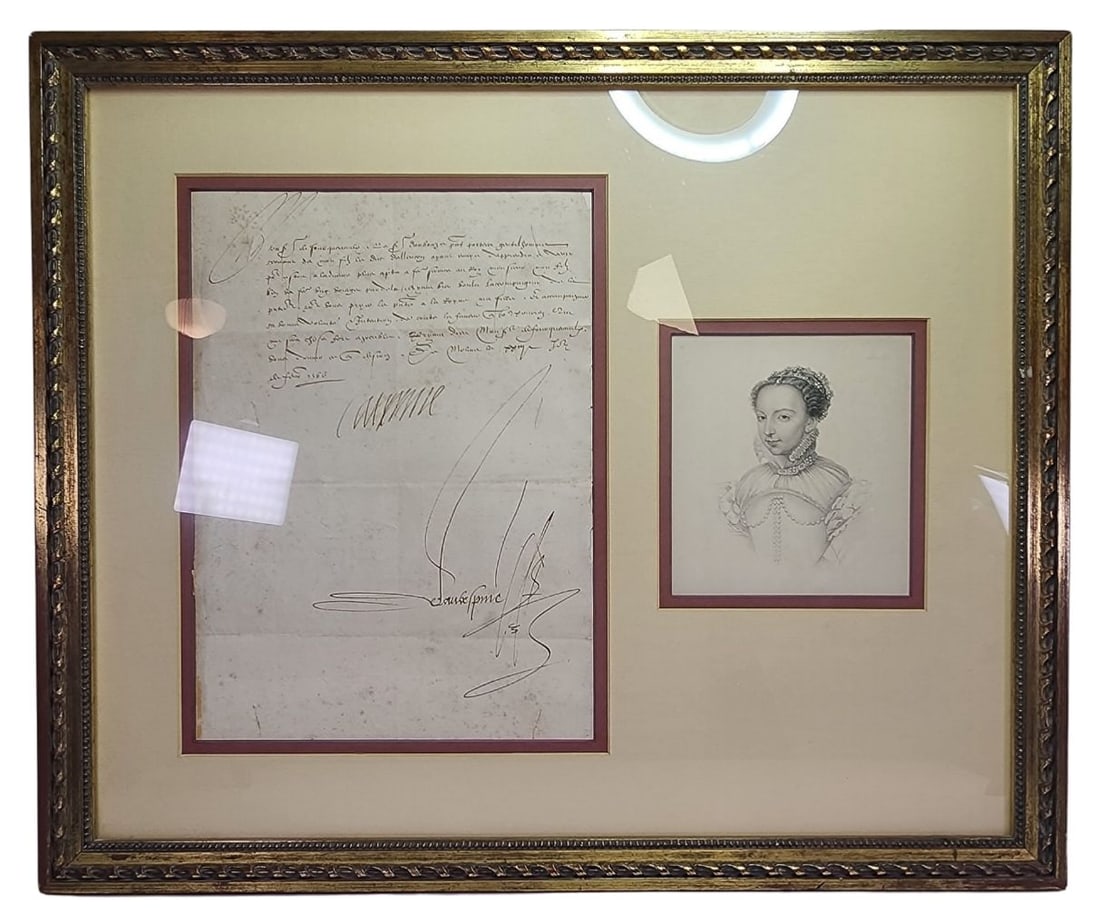 Very Rare Antique 1566 Framed Hand Written Letter signed by CATHERINE OF MEDICI (1 of 7)