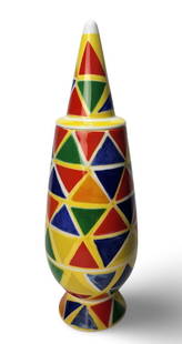 Rare Colorful 1992 A. MENDINI for ALESSI TENDENTSE #19 Italy Lidded Porcelain Urn by NICOLA DE MARIA: This gorgeous Tendentse Alessi vase/urn with lid is part of a very limited series. The series consists of 100 different vases by 100 different designers/decorators with an edition size of only 100 eac