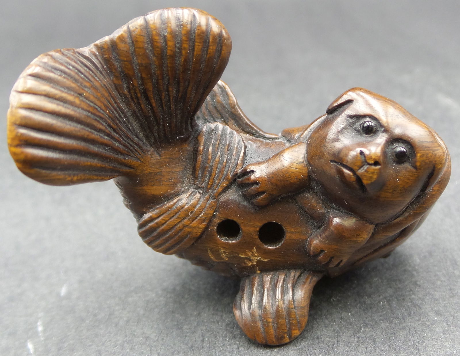 Antique ca. 1900 Hand Carved Wood Japanese Dog Fish Netsuke - Signed (1 of 4)