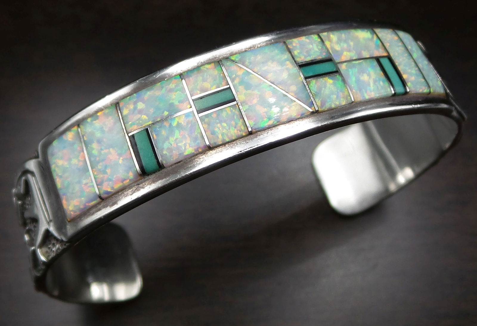 Vintage Mexican Sterling Silver & Inlaid Opal Designer Cuff Bracelet (1 of 13)