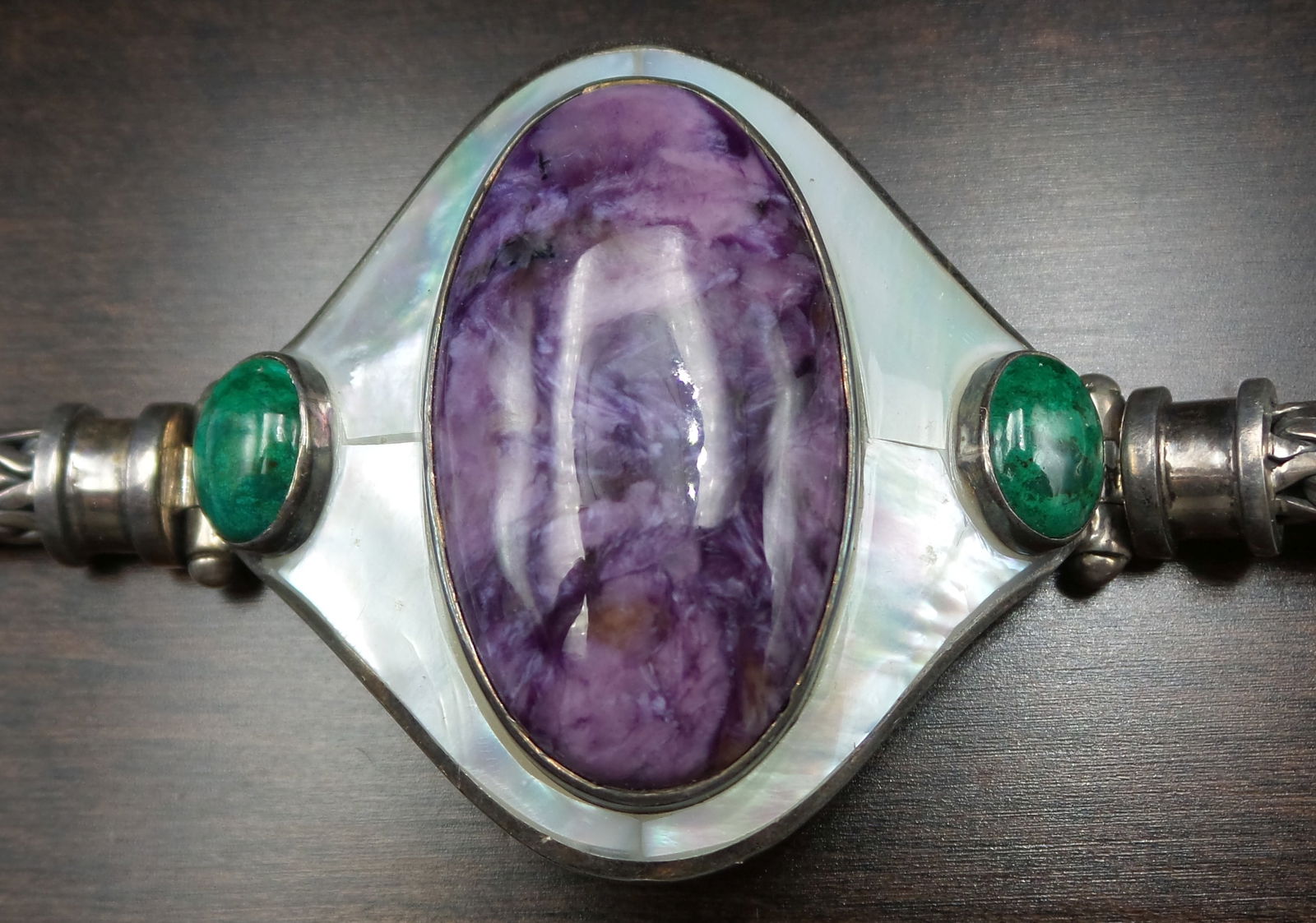 Large Sterling Silver, MOP & Gemstone Herringbone Designer Bracelet (1 of 9)