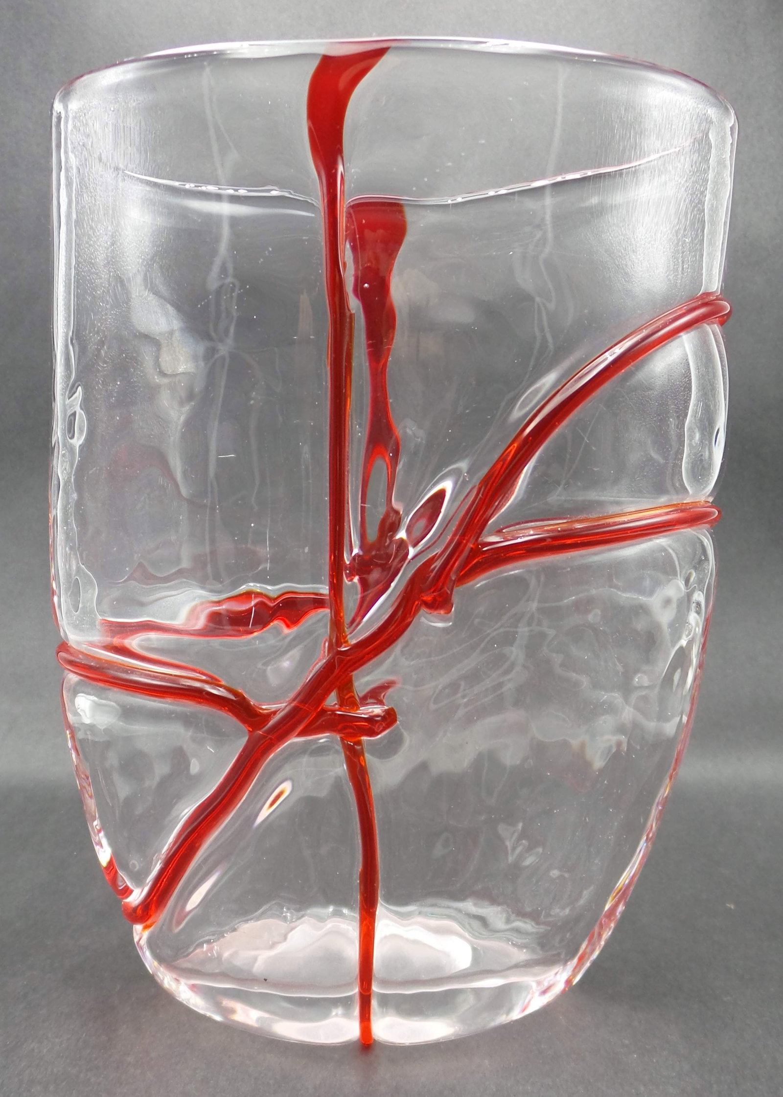 Vintage Mid-Century Red String on Clear Art Glass Vase (1 of 7)