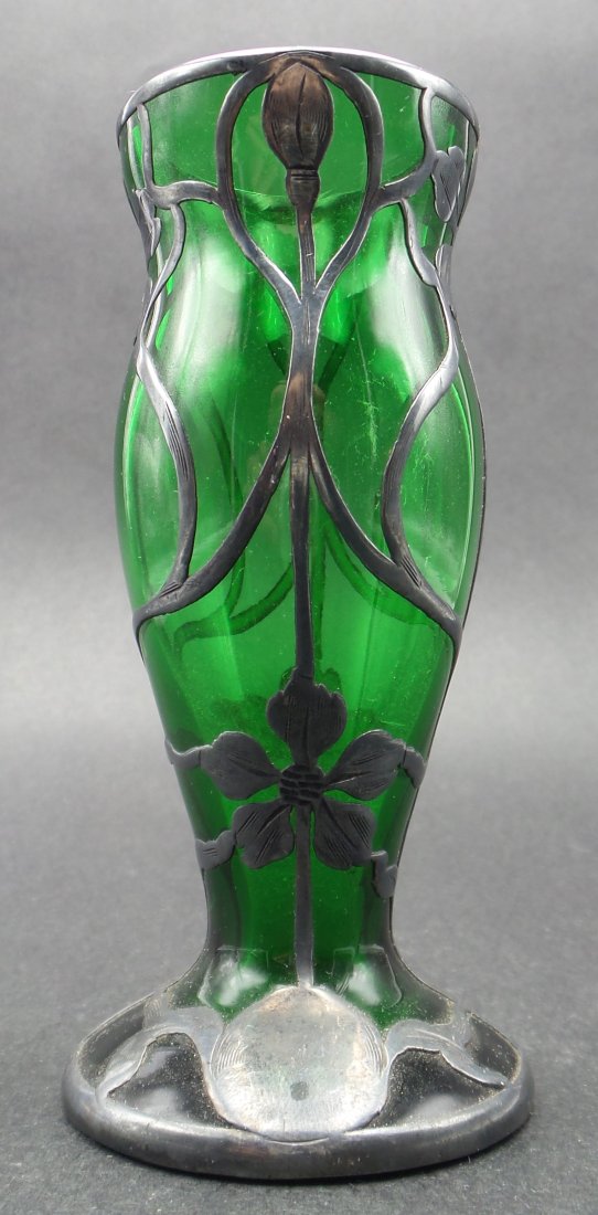 Antique Art Nouveau Green Glass Vase /w Sterling Silver Overlay (1 of 5)