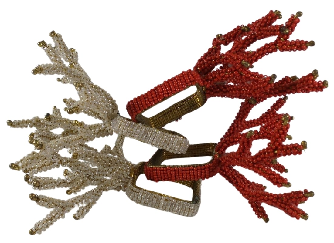Set of Four (4) KIM SEYBERT Beaded Coral Branch Red & White Napkin Rings / Holders: A luxurious set of four (4) beaded napkin holders in the shape of a coral. Two being red and two white. Good vintage condition with minor patina. Each measures approx. 3 1/2" wide x 4" high x 3 1/2" d