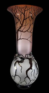 Rare Large Vintage BERNARD KATZ Art Glass Tree Design Vase: Measures approx. 18" tall x 7 3/4" in diameter (top) . Signed on the base.