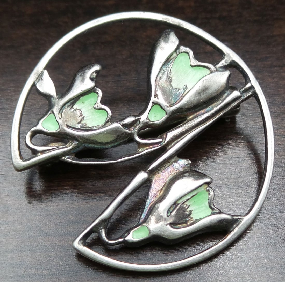 Vintage Art Nouveau Style Sterling Silver & Enamel Flower Designer Brooch (1 of 6)