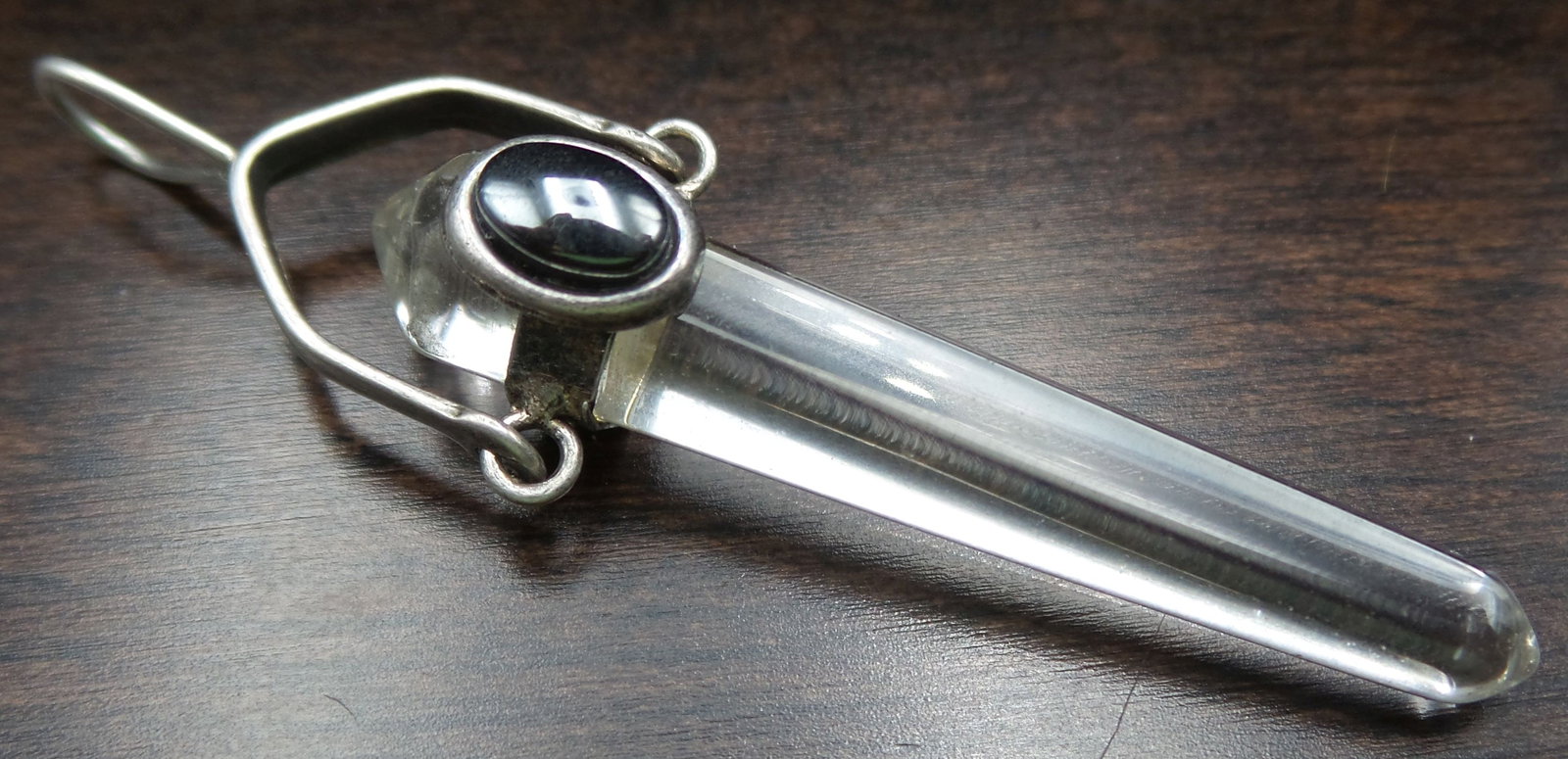 Vintage Sterling Silver, Hematite & Glass or Rock Crystal Pendant: Measures approx. 2 1/8" long x 1/2" wide (at the widest) and weighs ca. 4.6 grams. Tested for Sterling Silver.