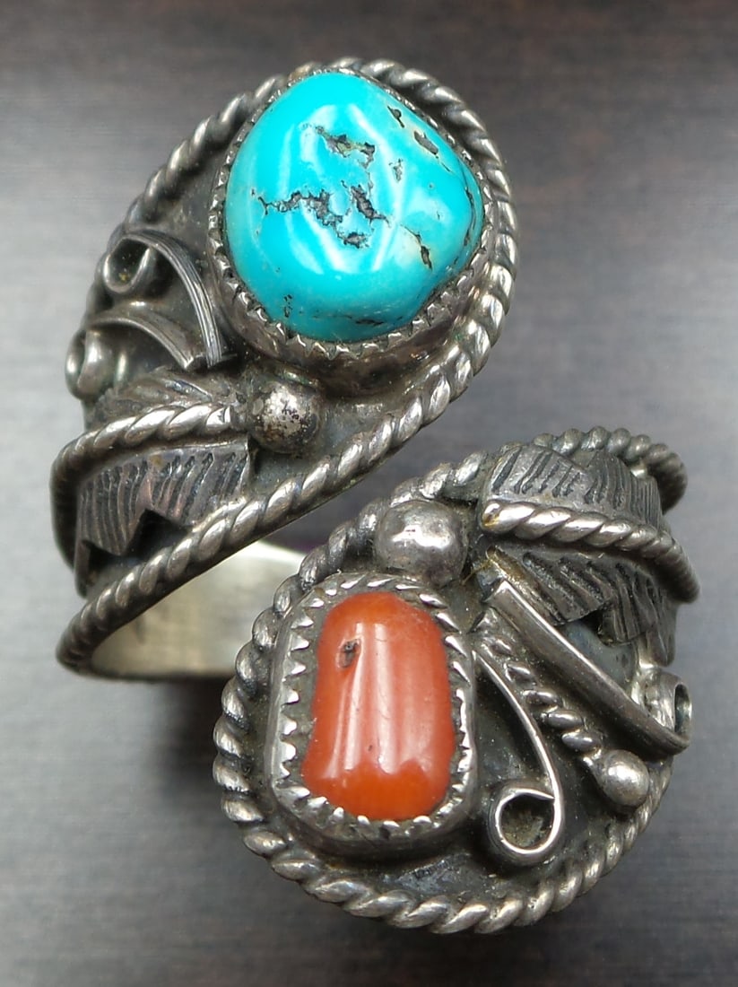 Vintage Mid-Century Native American Sterling Silver, Coral & Turquoise Ring (1 of 4)