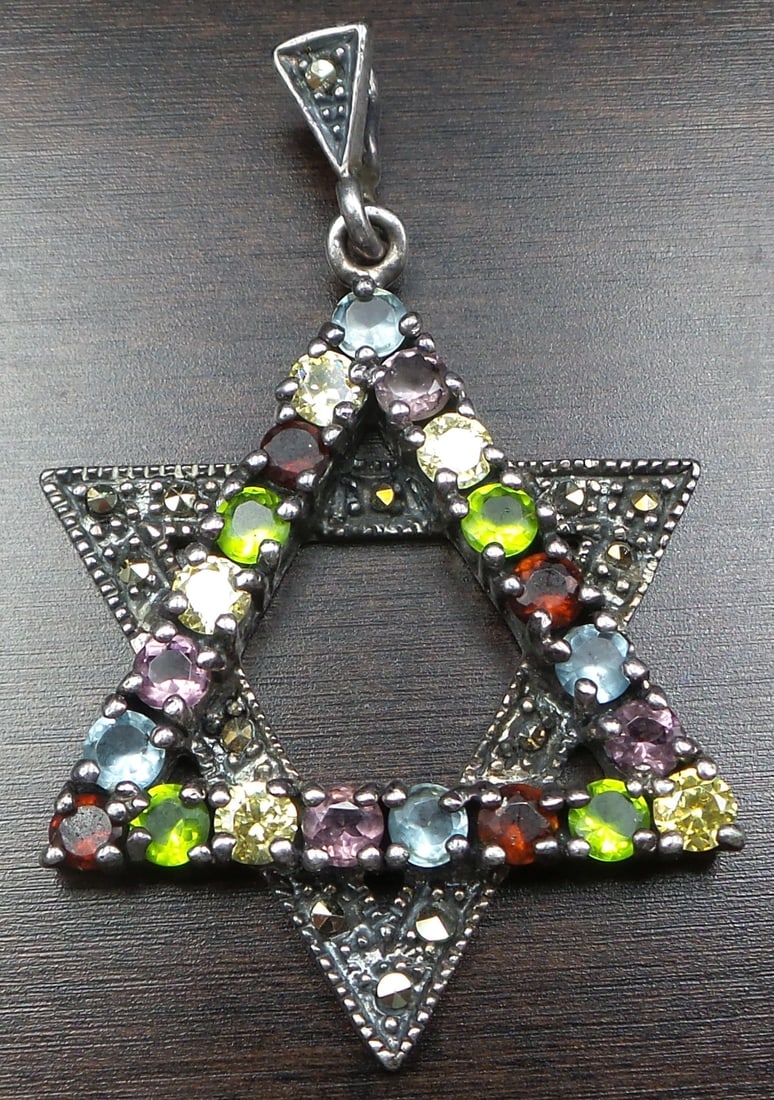 Vintage Sterling Silver & Colorful Gemstones Star of David Judaica Designer Pendant (1 of 5)