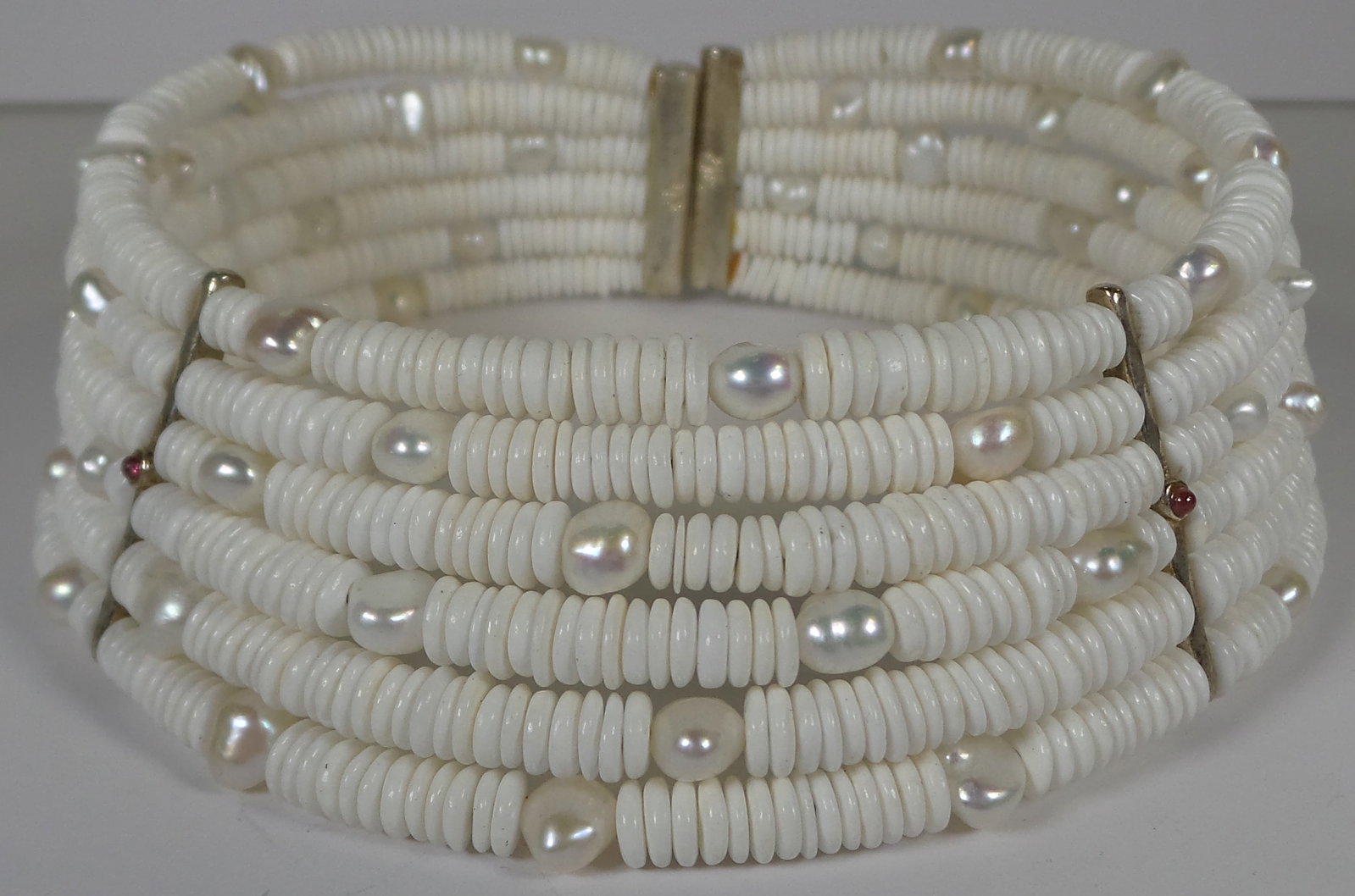 Rare 1980/90s FRANCESCA ROMANA Italy Pearl & Gemstone Choker Necklace: This stunning 6-strand choker necklace by Francesca Romana is a rare piece that will add glamor and sophistication to any outfit. The necklace features beautiful white beads and white pearls on silver