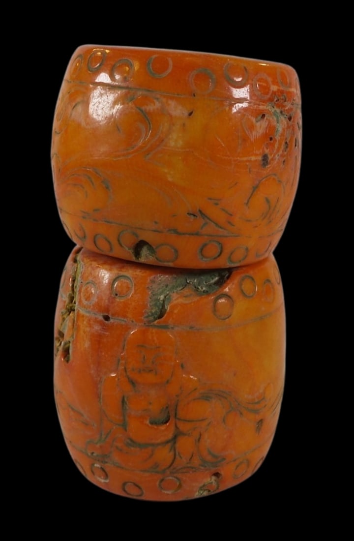 Pair of Large Hand Carved Asian Orange Buddha Coral Beads - ONLY FLORIDA BIDDERS (1 of 9)