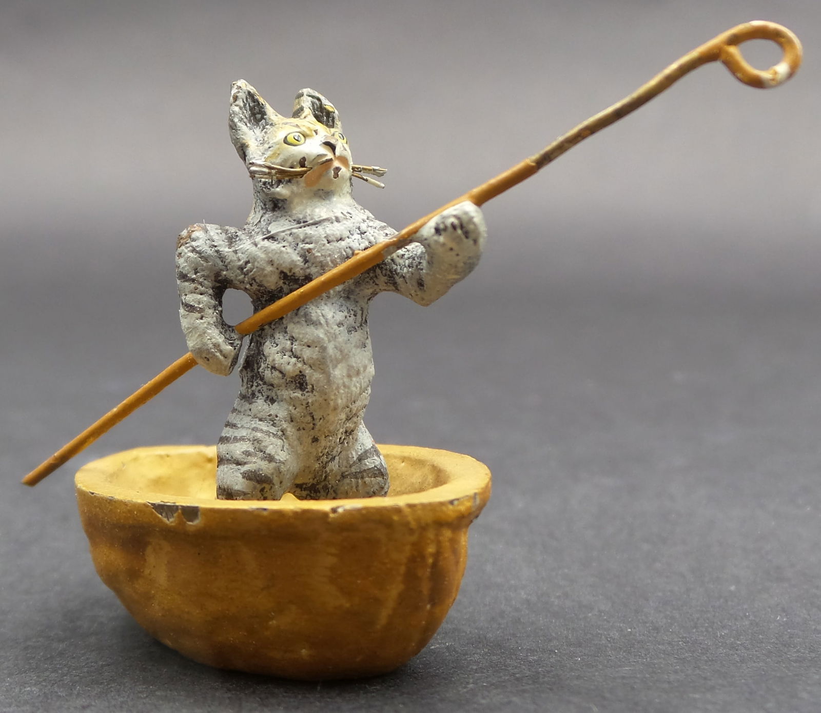 Antique Austrian Cold Painted Bronze "Angling Cat in Walnut Boat" Figurine (1 of 11)