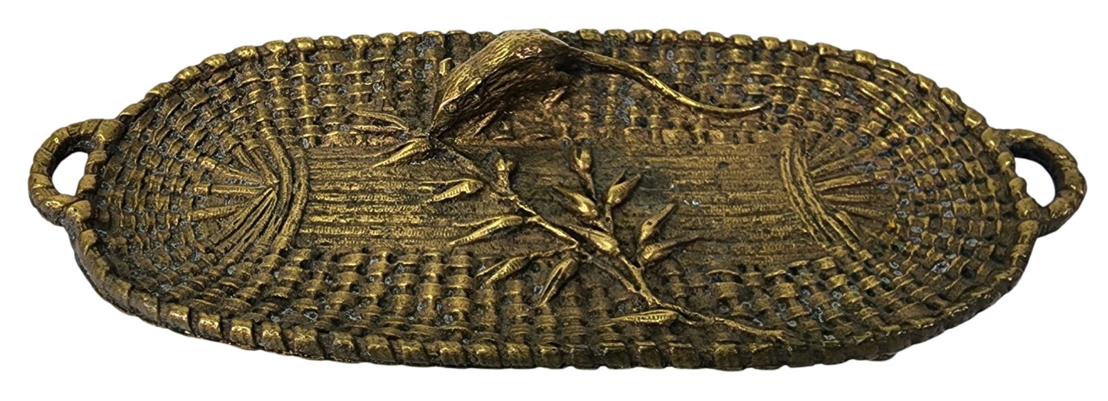 Rare Antique French Art Nouveau Cast Brass Mouse on Basket Weave Footed Pin or Trinket Tray (1 of 5)