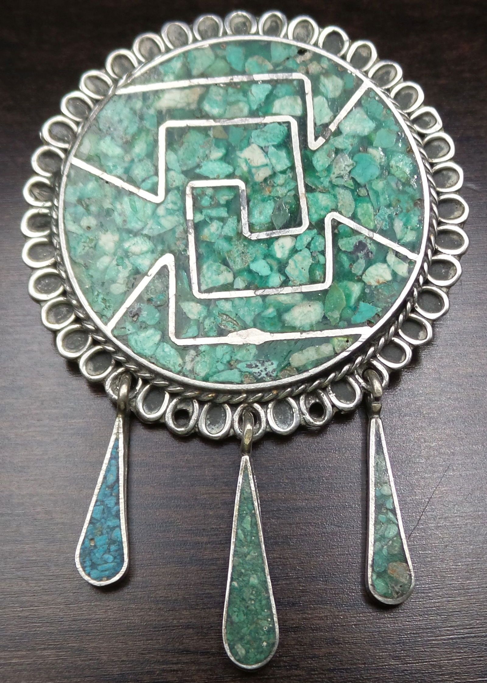 Vintage JHC TAXCO Mexico Sterling Silver & Gemstone Mosaic Pendant / Brooch: Measures approx. 2 1/4" long x 1 1/2" wide and weighs ca. 12.9 grams. Signed and marked on the back.