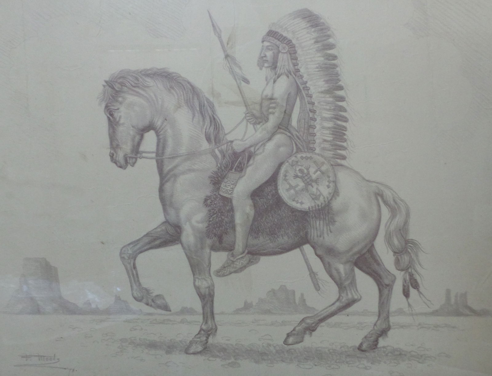 Vintage FRANKLIN MOODY Original 1978 Native American Warrior / Rider Drawing (1 of 5)