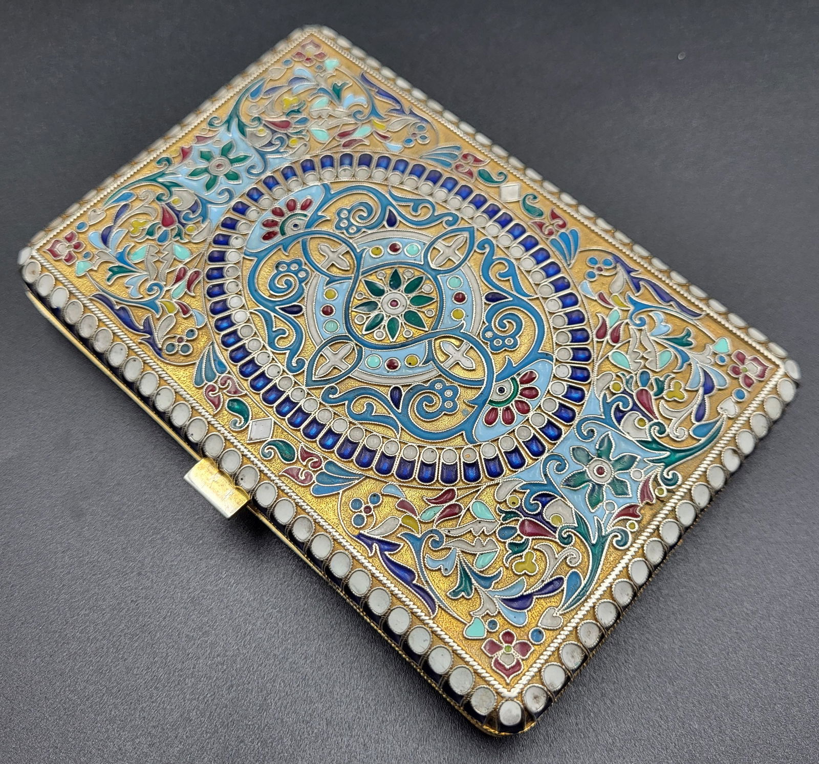 Antique Imperial Russian Silver & Cloisonne Enamel Cigarette Case /w Original Box (1 of 8)