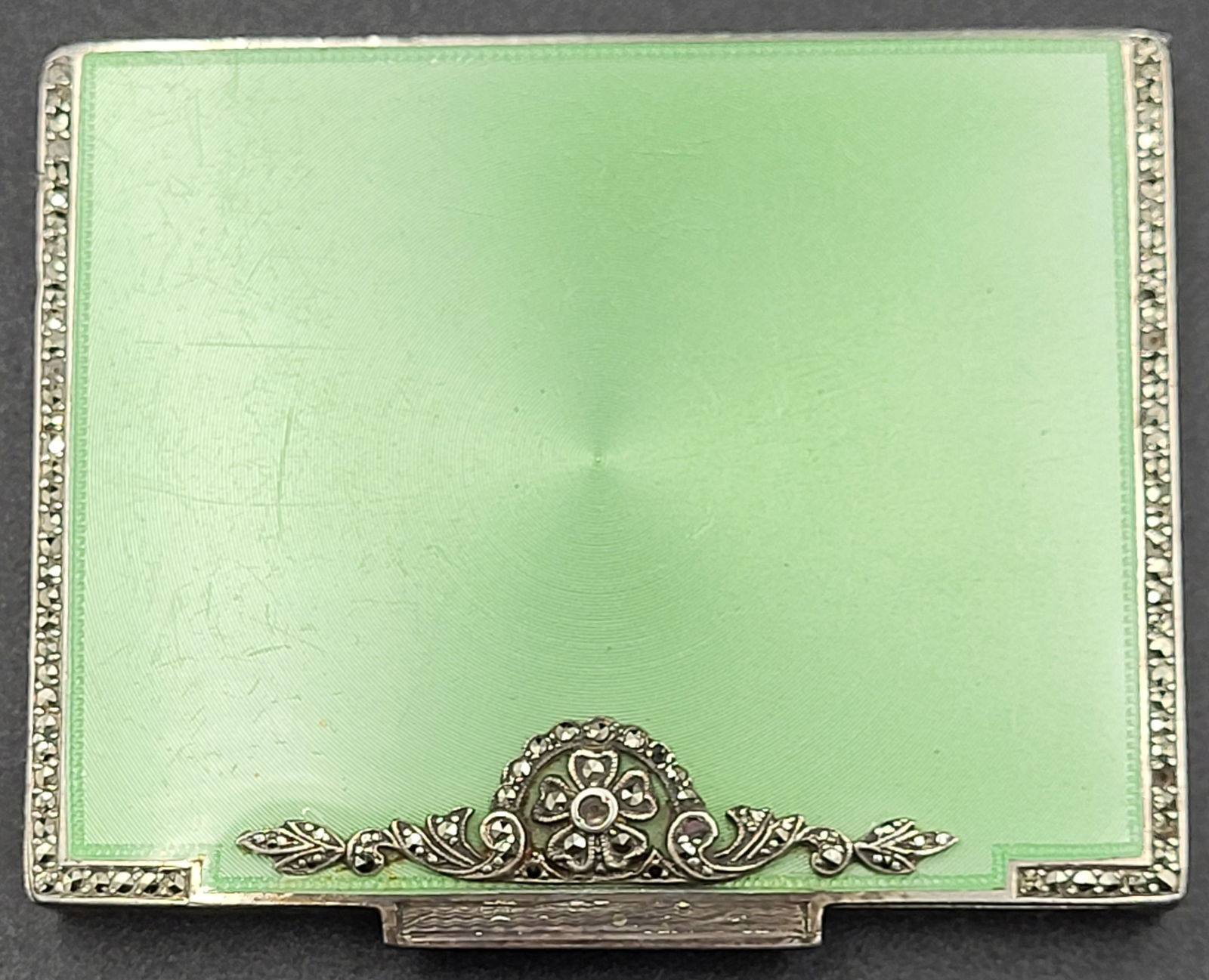 Antique Sterling Silver & Green Translucid Enamel Snuff or Powder Box (1 of 7)