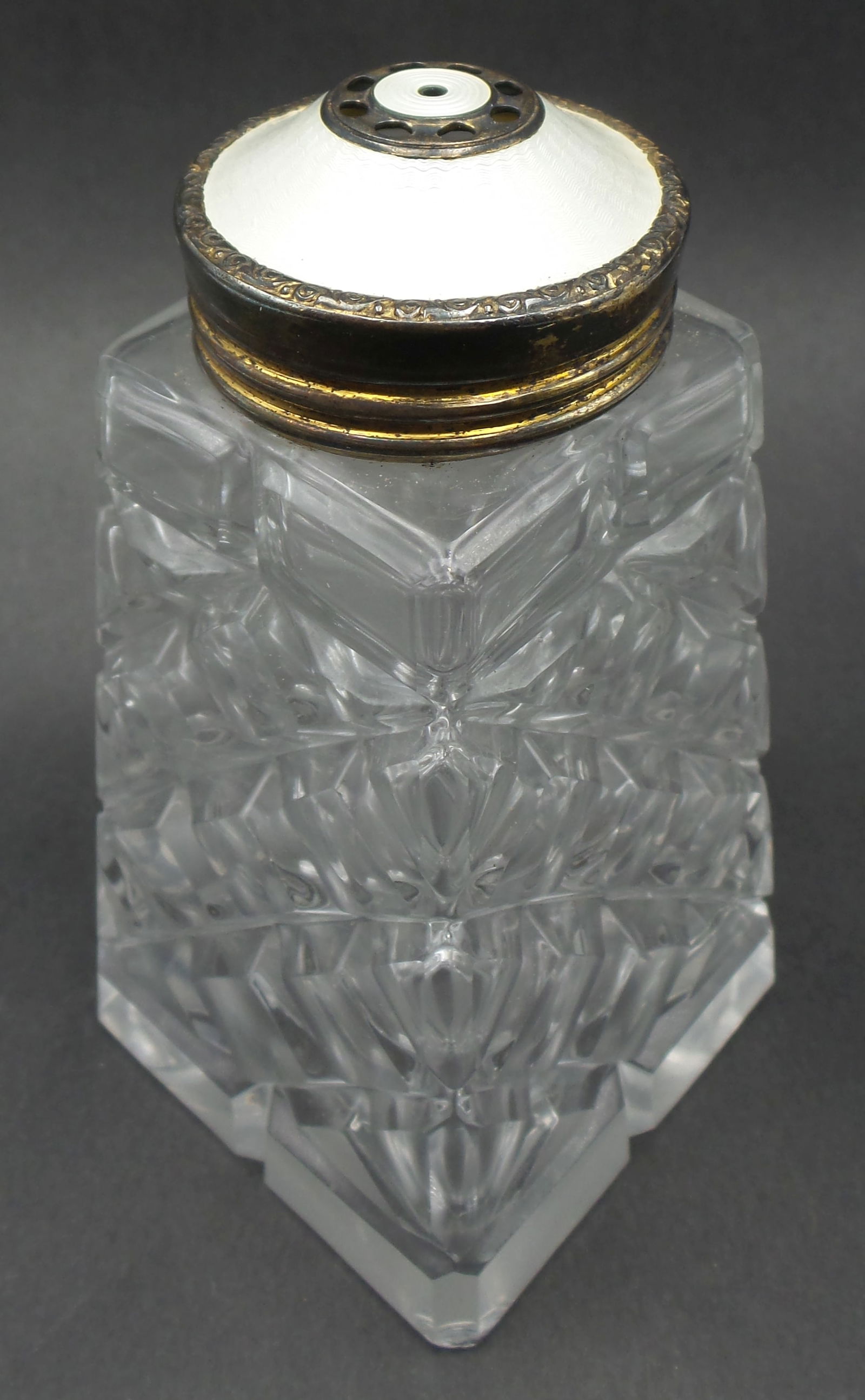 Tall Vintage Norwegian Crystal, Sterling Silver & White Guilloche Enamel Condiment Bottle: Beautiful and unusually large piece in very good vintage condition; no crack or repairs; one chip to one bottom edge (see pictures). No enamel loss. Measures approx. 4 3/4" high x 2 1/2" long x 2 1/2"
