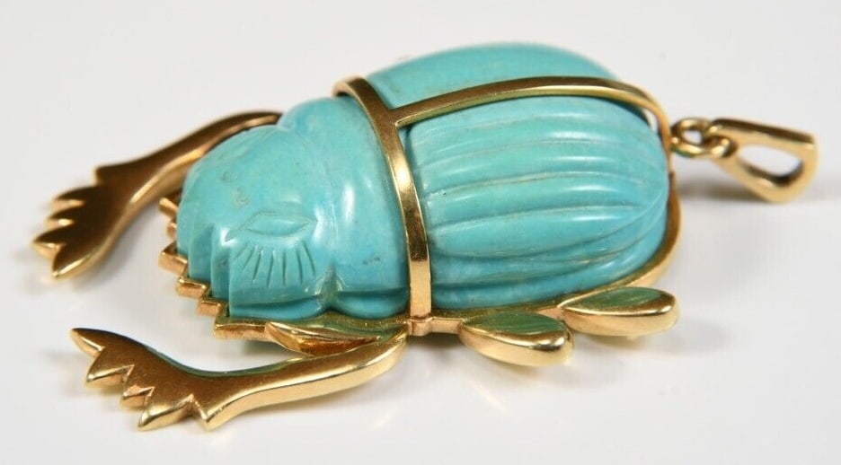 Very Rare Vintage European 18K Gold & Turquoise Egyptian Revival Scarab Pendant (1 of 9)