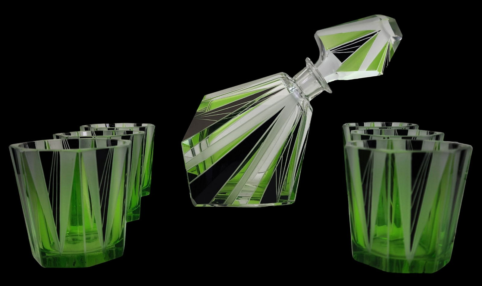 Rare Art Deco Hand Painted Green & Black Enamel Art Glass Liquor Set attrib. to KARL PALDA (1 of 18)