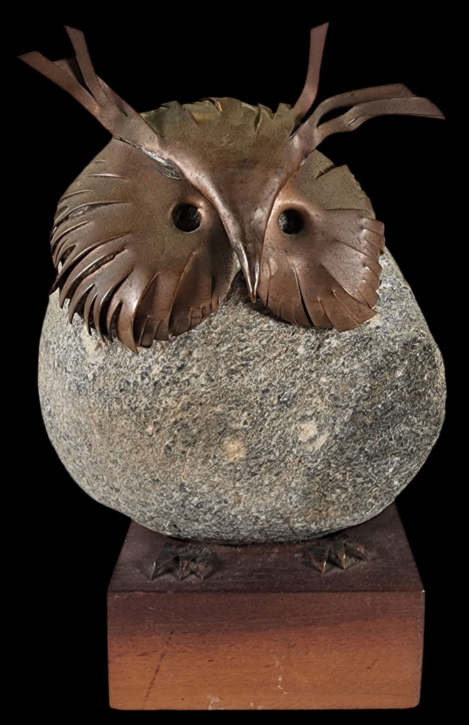 Unusual Vintage Mid-Century Modern Handmade Stone & Copper "Pebble Owl" Sculpture - Signed (1 of 8)